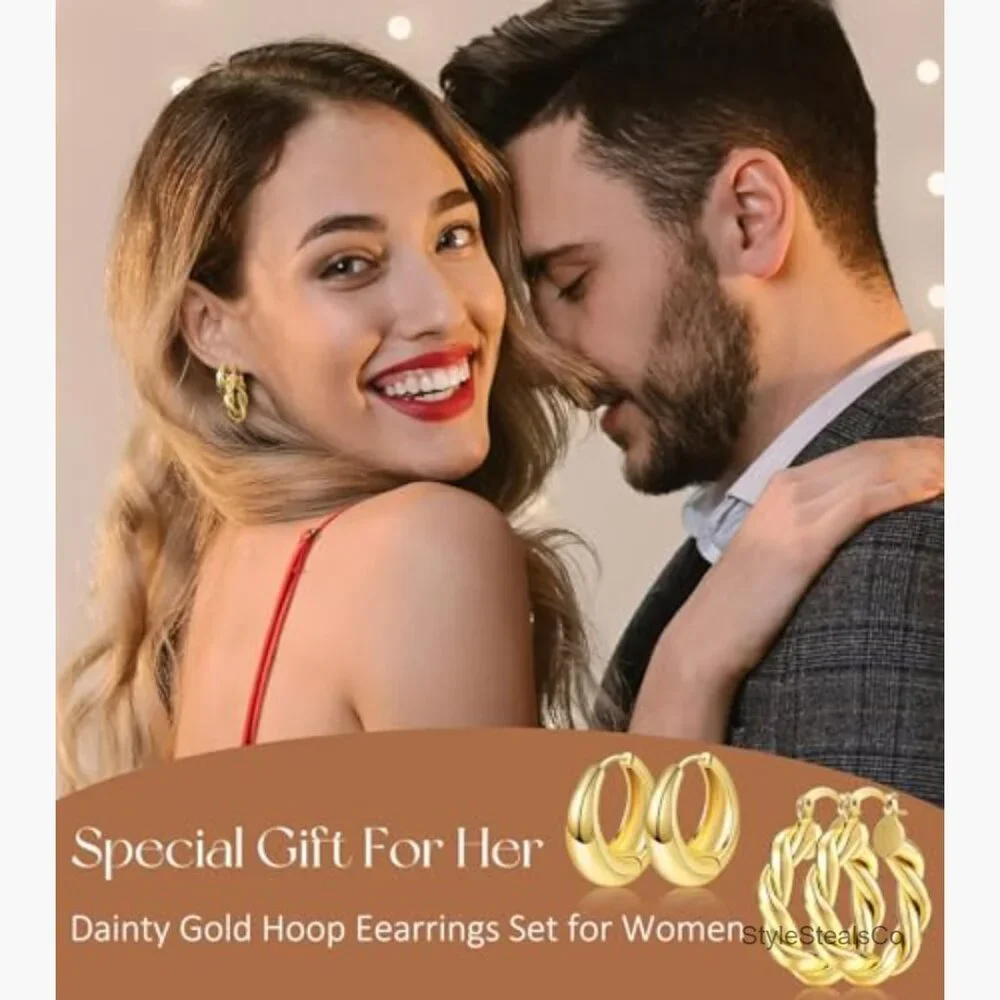 9 Pairs Gold Hoop Earrings Set 14K Plated Lightweight Huggie Hoops